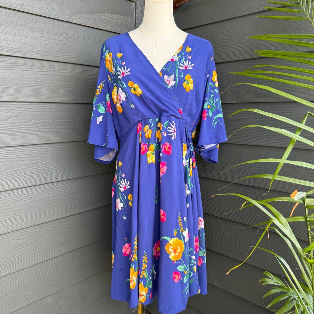 Old Navy Floral Wrap Dress Blue Rayon Flutter Sleeve Plus Size 1X